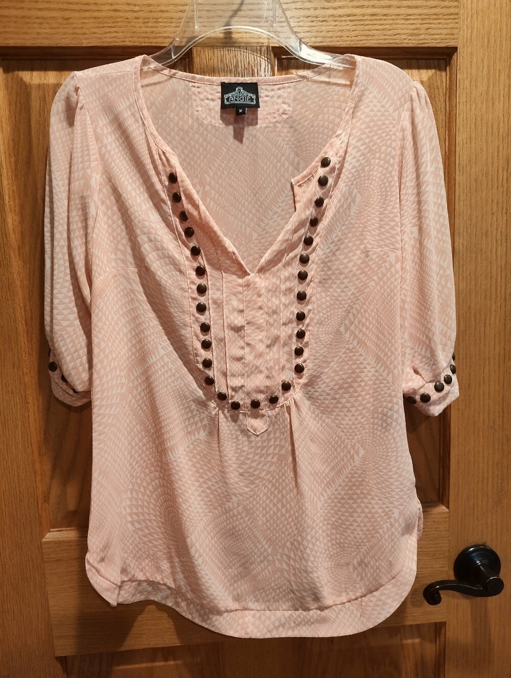 Angie Blush Pink Stud-Trim V-Neck Sheer Blouse